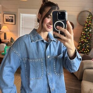 Stradivarius Denim Button Down Over Shirt with Stud Detail